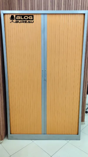 Armoire haute de bureau 198x119x43 cm à rideaux métal gris et beige