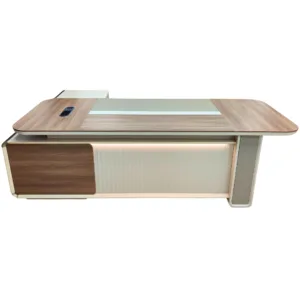 Bureau de direction en L 240 × 96 cm avec caisson mobile, LED et prises intégrées – Beige