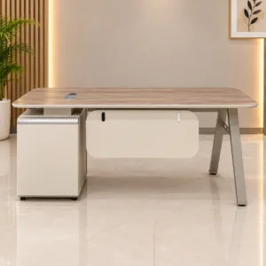 Bureau de Direction 160 cm avec Pied Métallique et Caisson Mobile 3 Tiroirs – Design Moderne Bois & Beige