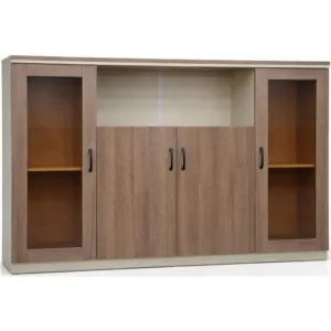 Bahut de Bureau Bas 160x120 cm Beige – Meuble de Rangement Professionnel avec Portes Vitrées et Étagères