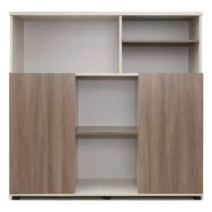 Bahut de Bureau Bas 120x120 cm Beige – Meuble de Rangement Bureau Moderne avec Portes et Niches