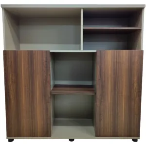 Bahut de bureau basse beige et bois noyer – Meuble de rangement professionnel avec portes et étagères 120 × 120 cm