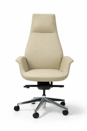 Chaise de Bureau de Direction en Vrai Cuir Beige – Fauteuil Ergonomique avec Base en Aluminium et Dossier Réglable