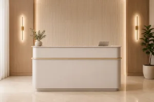 Comptoir d’Accueil Professionnel 240x110x70 cm Bois Clair & Blanc – Banque d’Accueil Moderne avec Rangements