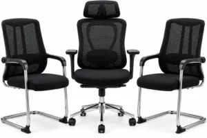 Pack de 3 Chaises de Bureau Noires Ergonomiques – Fauteuil Président Réglable et Chaises Visiteur