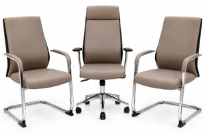 Pack de 3 Chaises de Bureau Beige Ergonomiques en Simili Cuir – Fauteuil Président et 2 Chaises Visiteurs